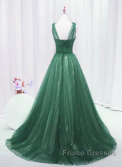 A-Line Green Sweetheart Beaded Tulle Formal Prom Dress, Green Tulle Long Evening Dress