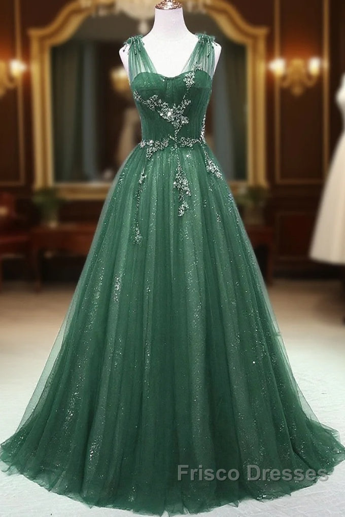 A-Line Green Sweetheart Beaded Tulle Formal Prom Dress, Green Tulle Long Evening Dress Main image