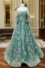 A-Line Green Tulle Embroidery Straps Formal Prom Dress