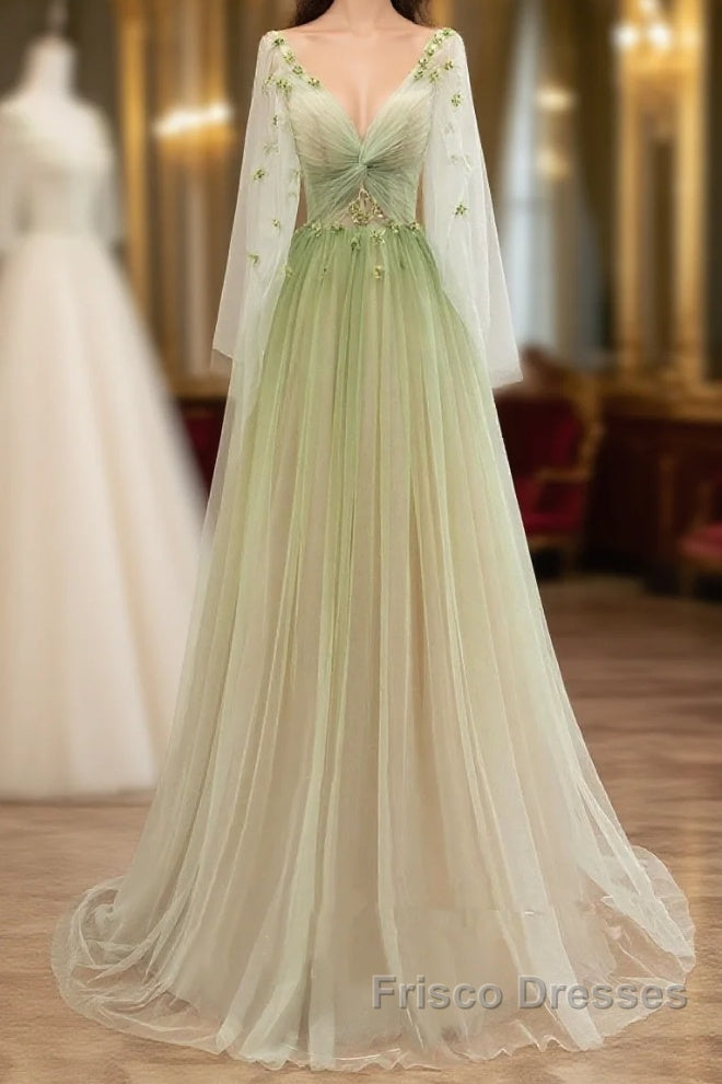 A-Line Green Tulle Gradient Long Party Dress, Green Floor Length Formal Dress Main image