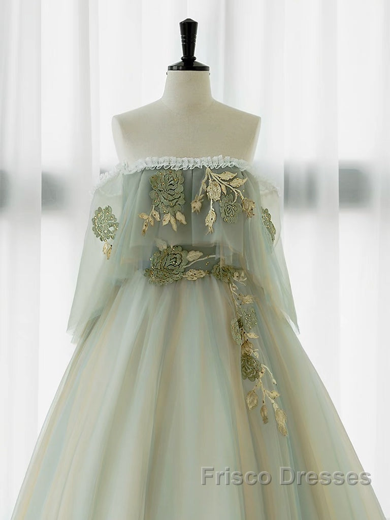 A-Line Green Tulle Lace Long Formal Prom Dress, Green Tulle Lace Long Formal Dress Secondary image