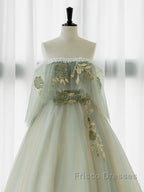 A-Line Green Tulle Lace Long Formal Prom Dress, Green Tulle Lace Long Formal Dress