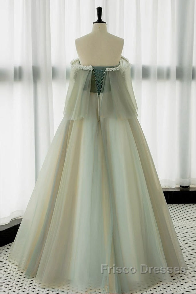 A-Line Green Tulle Lace Long Formal Prom Dress, Green Tulle Lace Long Formal Dress