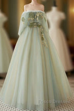 A-Line Green Tulle Lace Long Formal Prom Dress, Green Tulle Lace Long Formal Dress