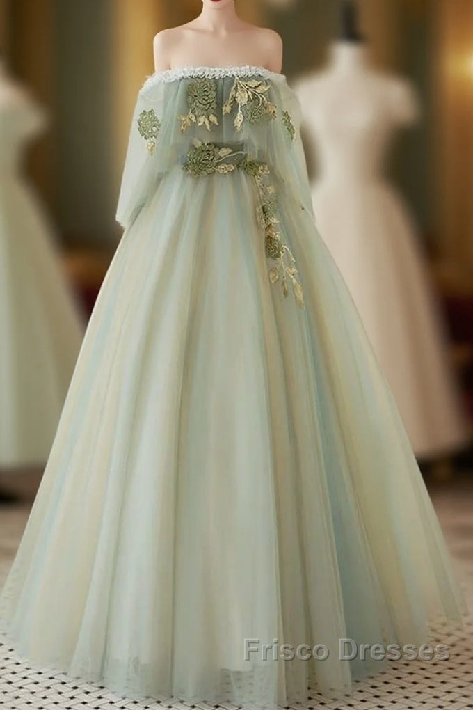 A-Line Green Tulle Lace Long Formal Prom Dress, Green Tulle Lace Long Formal Dress