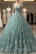 A-Line Green Tulle Lace Long Formal Prom Dress, Green Formal Evening Dress