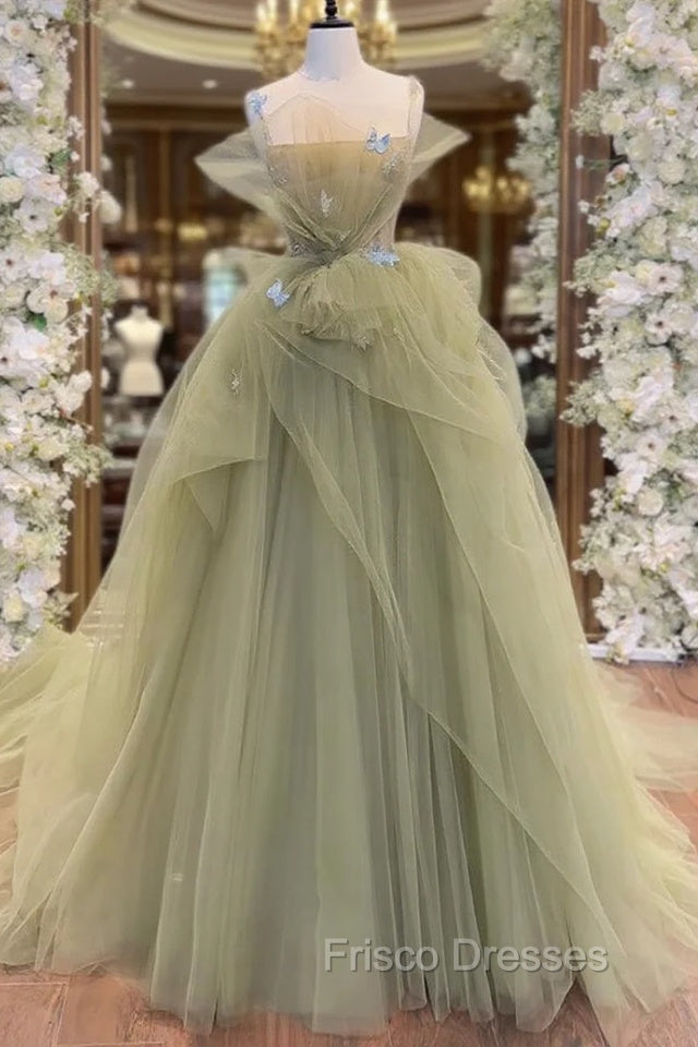 A-Line Green Tulle Long Formal Prom Dress, Green Long Graduation Dress Main image