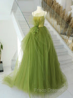 A-Line Green Tulle Long Formal Prom Dress, Green Tulle Long Evening Dress