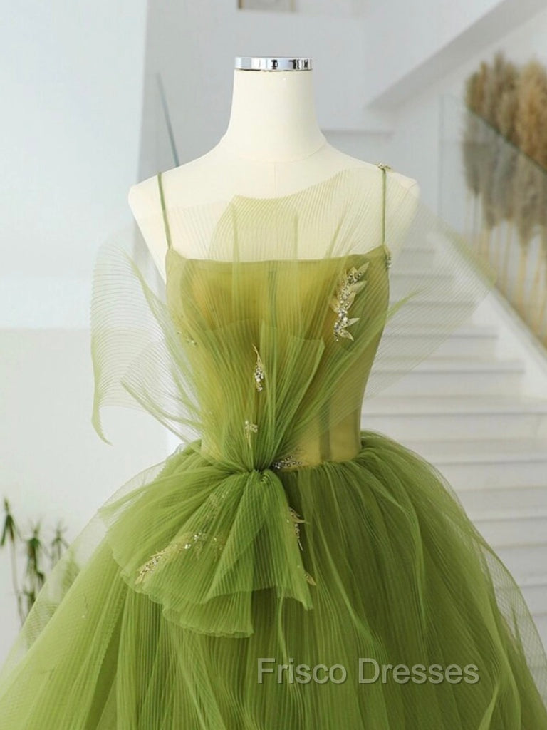 A-Line Green Tulle Long Formal Prom Dress, Green Tulle Long Evening Dress