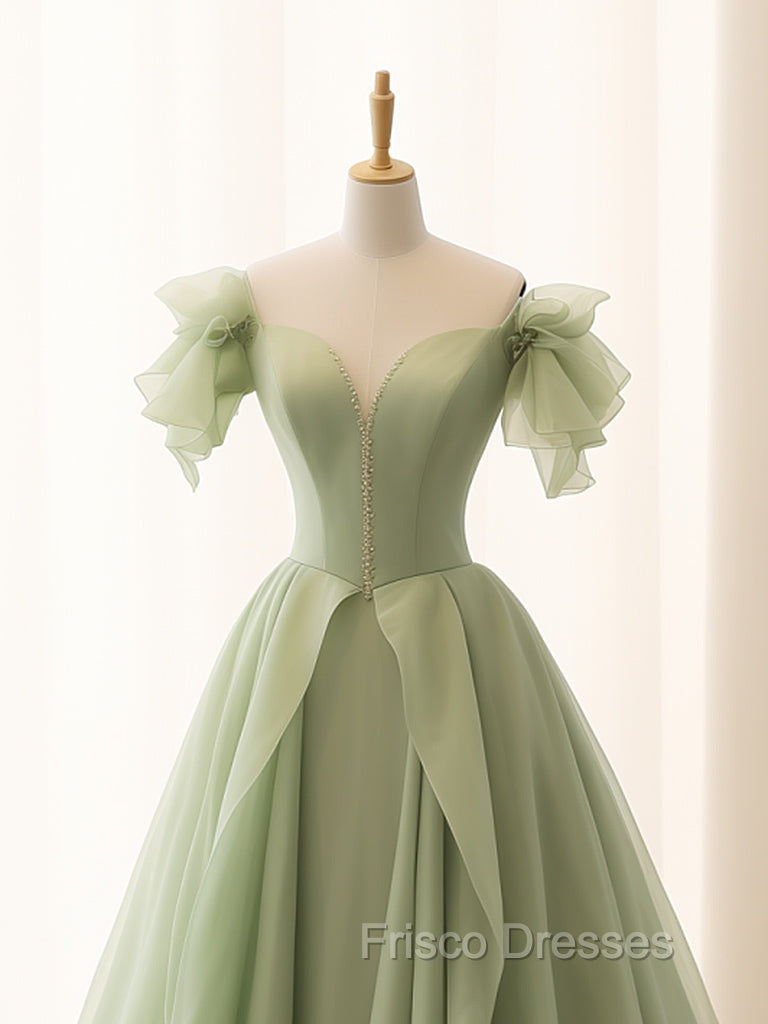 A-Line Green Tulle Long Formal Prom Dress, Green Tulle Long Formal Dress