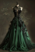A Line Green Tulle Long Prom Dresses Formal Applique Evening Dresses