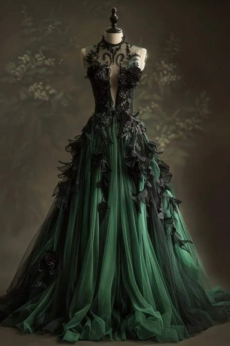 A Line Green Tulle Long Prom Dresses Formal Applique Evening Dresses