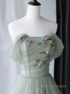 A-Line Green Tulle Long Formal Prom Dress, Green Formal Evening Dress