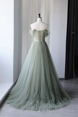A-Line Green Tulle Long Formal Prom Dress, Green Formal Evening Dress