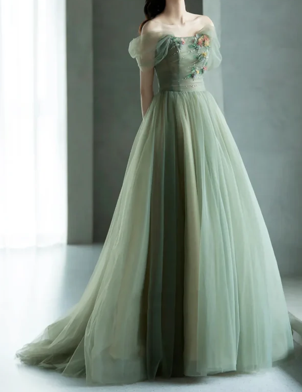 A-Line Green Tulle Long Prom Dresses, Green Formal Evening Dresses
