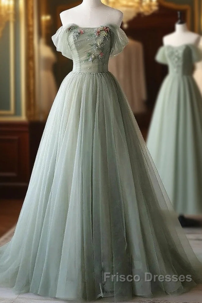 A-Line Green Tulle Long Formal Prom Dress, Green Formal Evening Dress Main image
