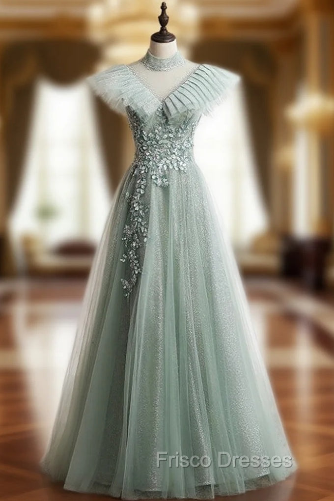 A-Line Green Tulle Sequins High Neck Backless Appliques Formal Prom Dress