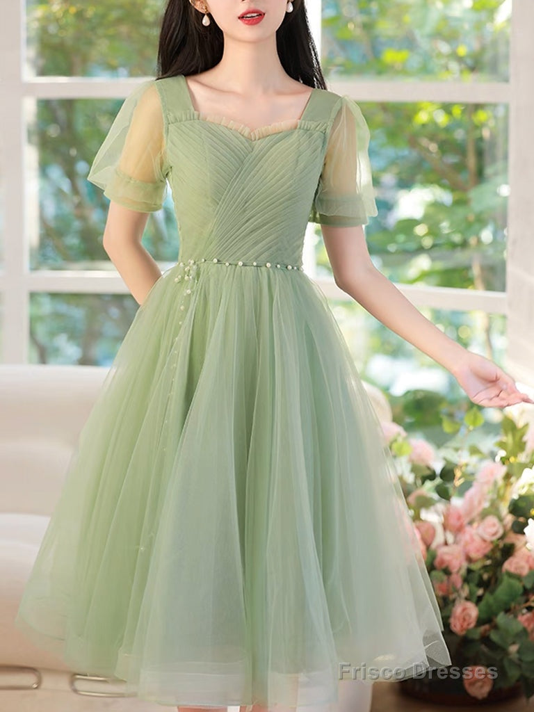 A-Line Green Tulle Short Prom Dress, Green Short Formal Dress
