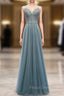 A-Line Green Tulle Spaghetti Straps Beading Formal Prom Dress
