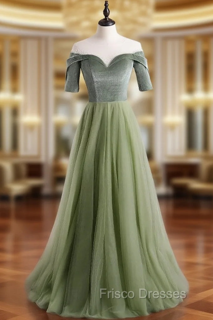 A-Line Green Tulle Velvet Short Sleeve Formal Prom Dress Main image