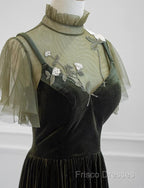 A-Line Green Velvet Long Wedding Party Dress, High Neckline Formal Prom Dress Formal Dress