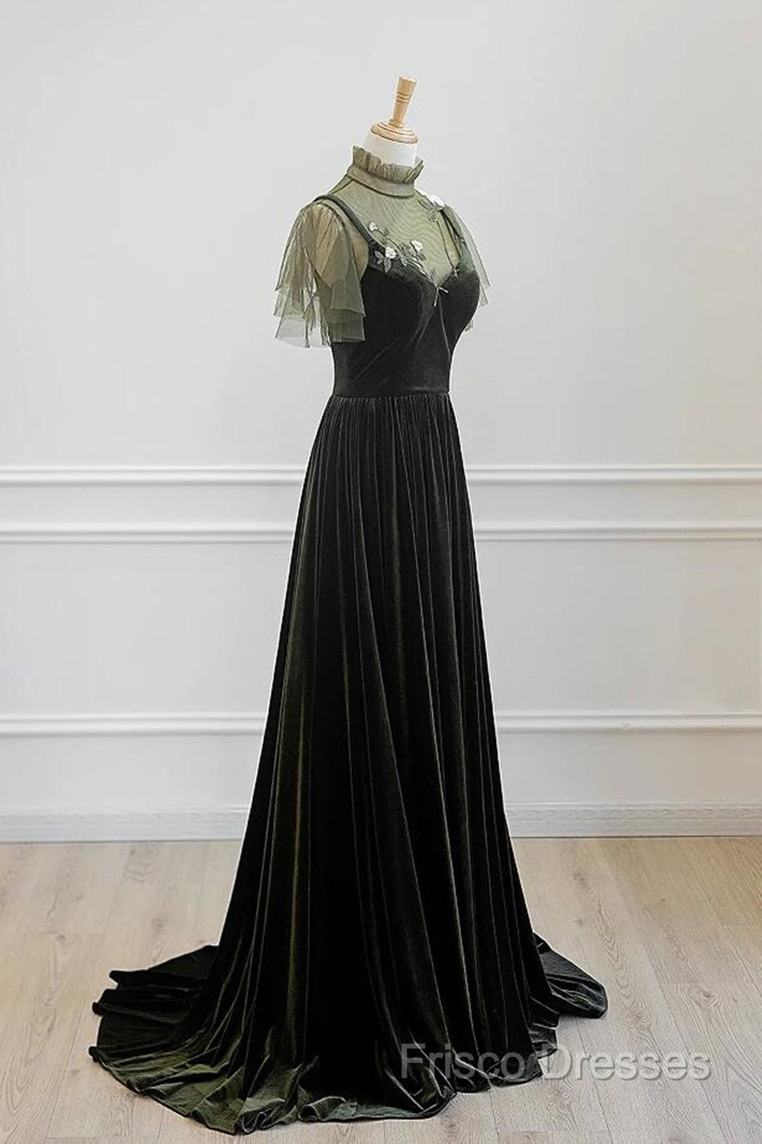 A-Line Green Velvet Long Wedding Party Dress, High Neckline Formal Prom Dress Formal Dress