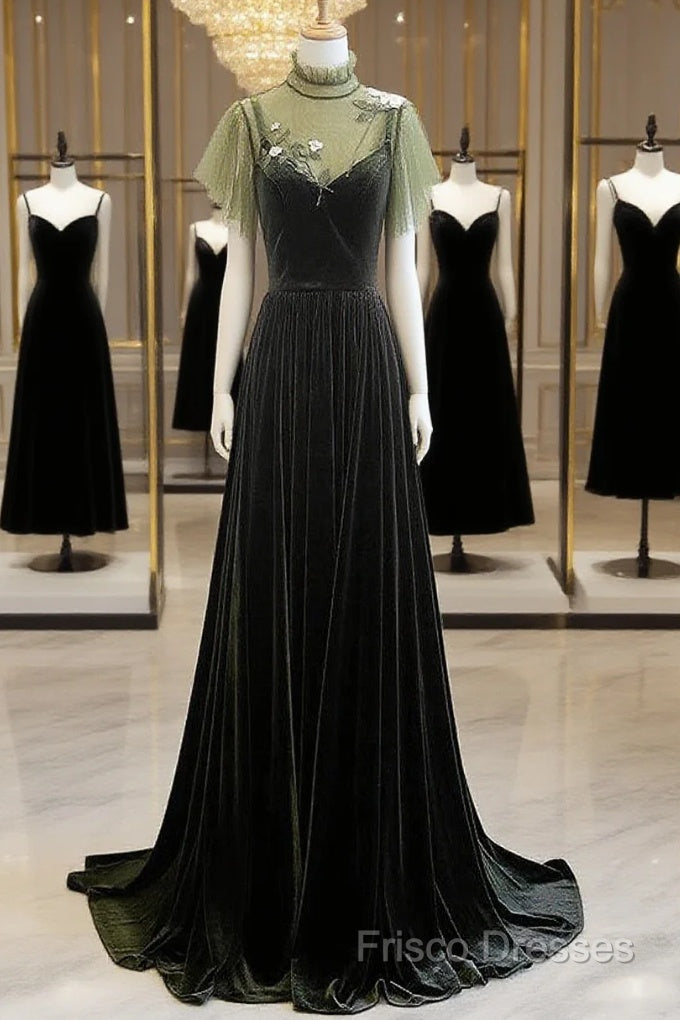 A-Line Green Velvet Long Wedding Party Dress, High Neckline Formal Prom Dress Formal Dress Main image