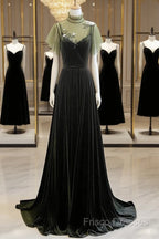 A-Line Green Velvet Long Wedding Party Dress, High Neckline Formal Prom Dress Formal Dress
