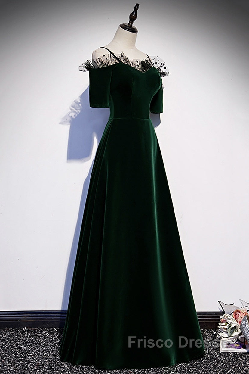 A-Line Green Velvet Spaghetti Straps Formal Prom Dress, Green Wedding Party Dress Secondary image