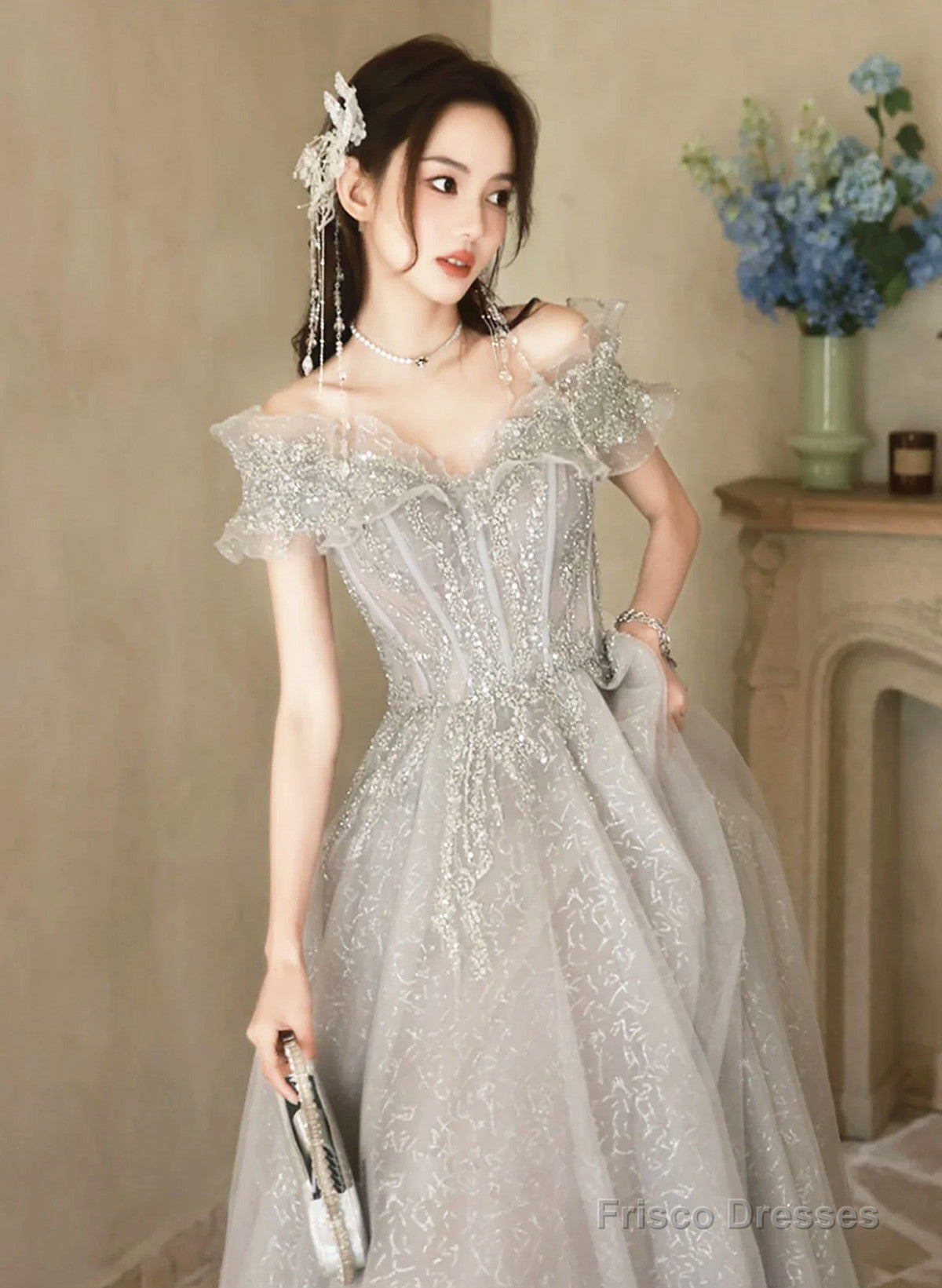 A-line Grey Shiny Tulle Off Shoulder Party Dress, Grey Beaded Prom Dress Evening Dress Secondary image