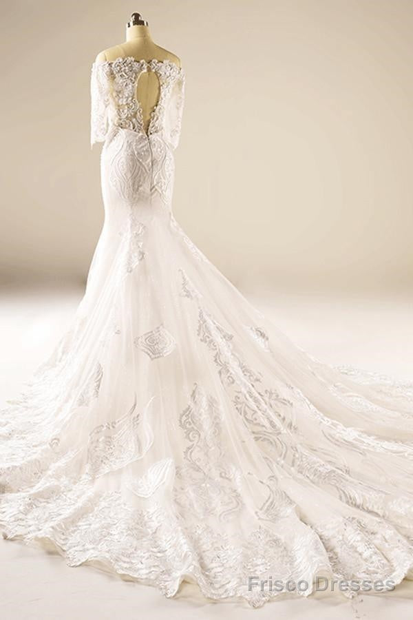A-Line Half Sleeve Mermaid Lace Beaded Wedding Dress With Appliques