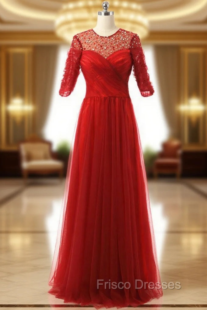 A line Half Sleeves Beaded Tulle Floor Length Red Mother Of The Bride Dress