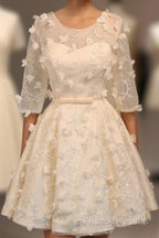 A-Line Half Sleeves Tulle Homecoming Dress With Appliques