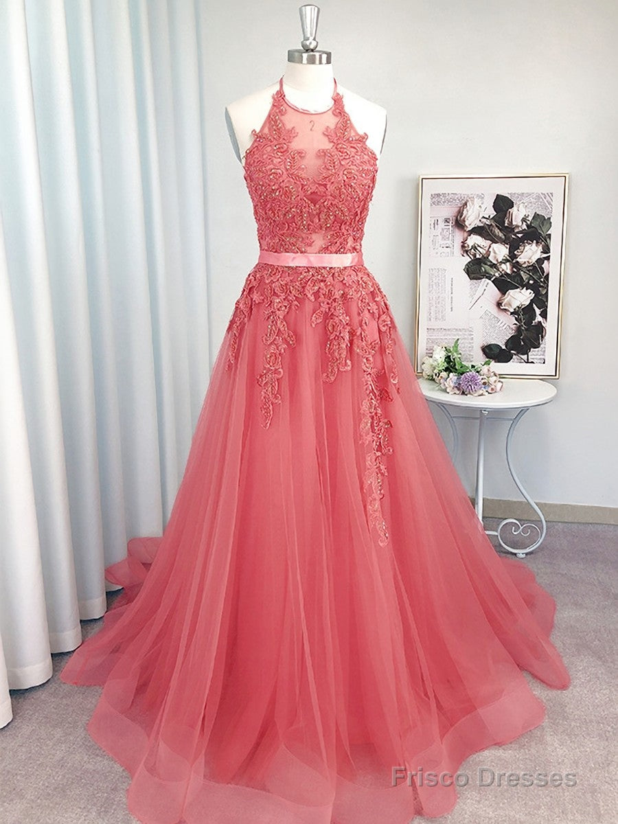 A-line Halter Appliques Lace Sweep Train Tulle Dress Main image