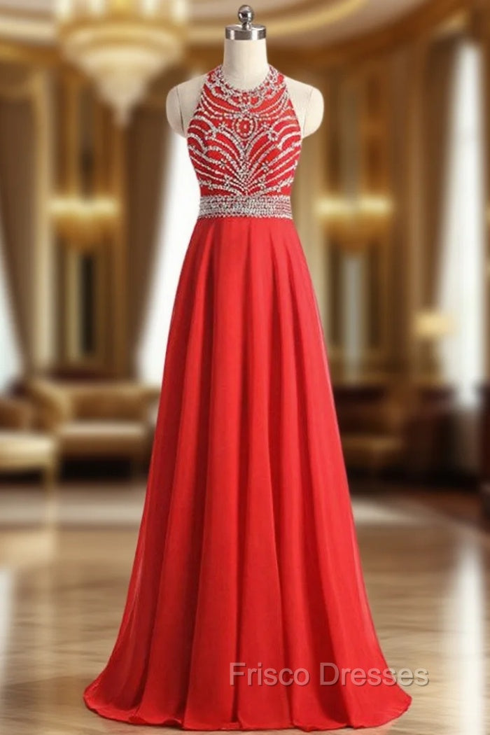 A-Line Halter Backless Chiffon Beading Sequins Formal Prom Dress