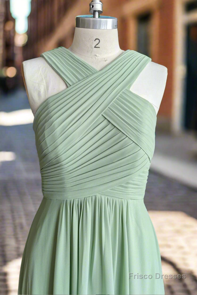 A Line Halter Chiffon Green Pleated Long Bridesmaid Dress Secondary image