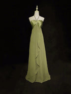 A-Line Halter Chiffon And Satin Long Party Dress, Green Low Back Prom Dress