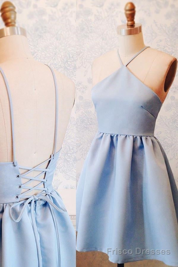 A-Line Halter Lace-Up Short Blue Satin Homecoming Dress Secondary image