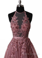 A Line Halter Neck Lace Formal Prom Dress With Sweep Train, Backless Formal Dress, Formal Dress