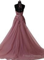 A Line Halter Neck Lace Formal Prom Dress With Sweep Train, Backless Formal Dress, Formal Dress