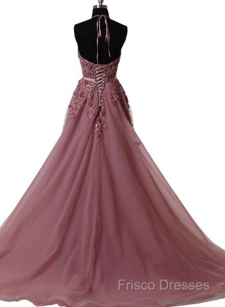 A Line Halter Neck Lace Formal Prom Dress With Sweep Train, Backless Formal Dress, Formal Dress