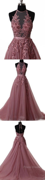 A Line Halter Neck Lace Formal Prom Dress With Sweep Train, Backless Formal Dress, Formal Dress