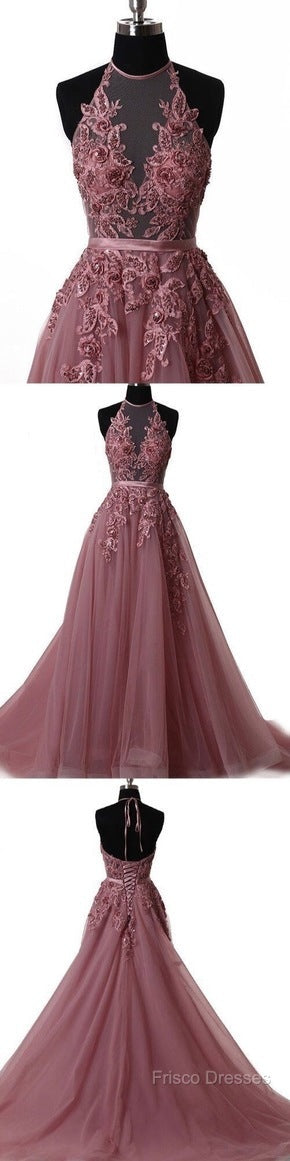 A Line Halter Neck Lace Formal Prom Dress With Sweep Train, Backless Formal Dress, Formal Dress