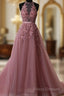 A Line Halter Neck Lace Formal Prom Dress With Sweep Train, Backless Formal Dress, Formal Dress