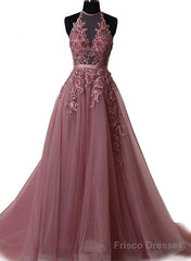 A Line Halter Neck Lace Prom Dress With Sweep Train,  Backless Formal Dress, Evening Dress