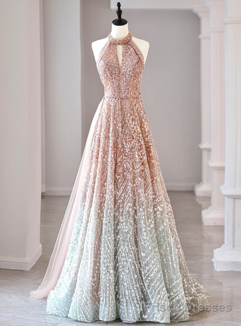 A-Line Halter Neck Sequined Tulle Long Prom Dress, Formal Evening Dress Main image