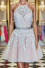 A Line Halter Neck Short Pink Lace Formal Prom Dresses with Belt, Pink Lace Formal Graduation Homecoming Dresses