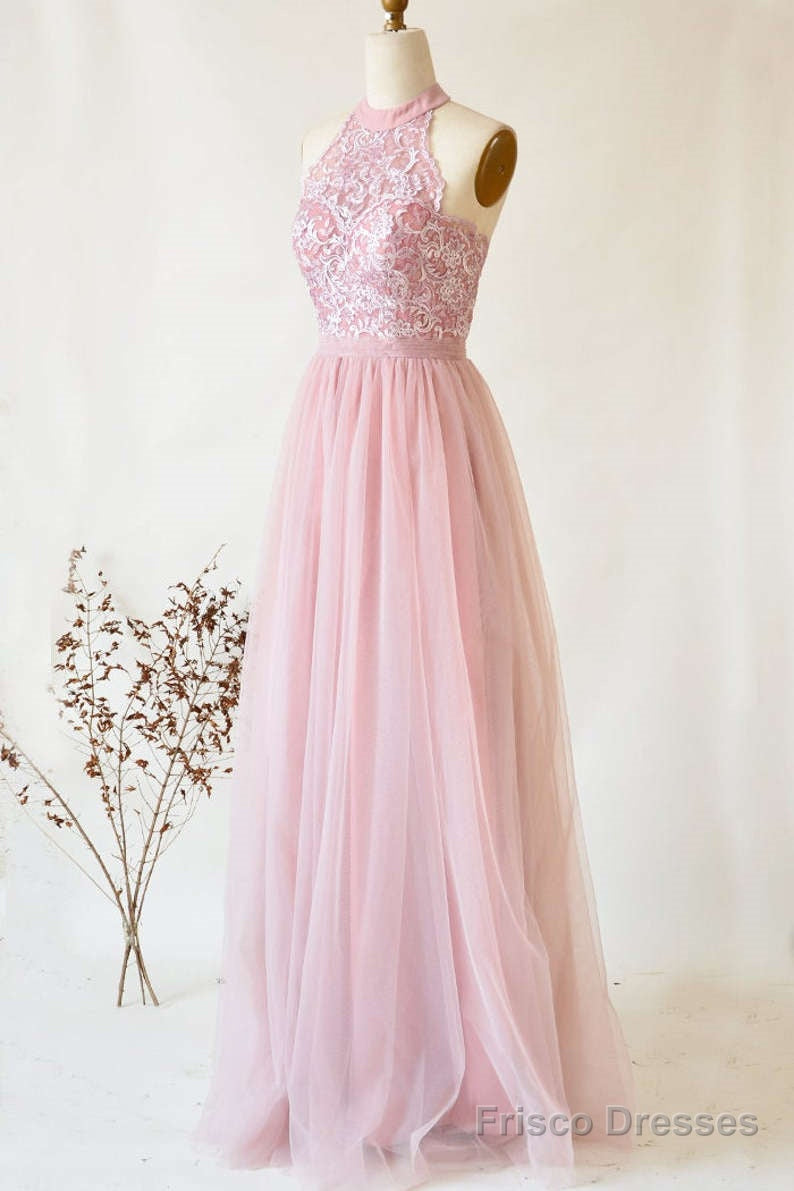 A-Line Halter Pink Lace Long Bridesmaid Dress Secondary image