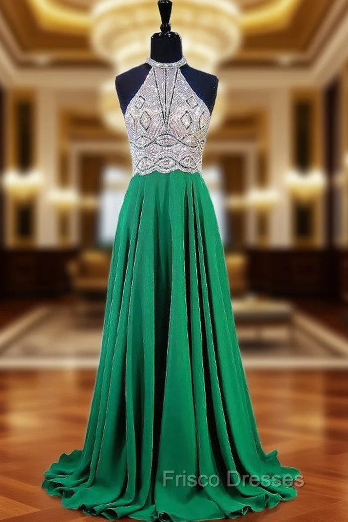 A-line Halter Sleeveless Beaded Floor Length Chiffon Formal Prom Dress Main image