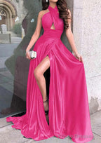 A-line Halter Sleeveless Long/Floor-Length Charmeuse Prom Dresses With Split
